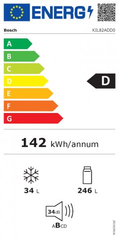 Bosch KIL82ADD0 beépíthető egyajtós hűtő fagyasztóval, 246+34 liter, D - Beépíthető hűtő, fagyasztó, borhűtő