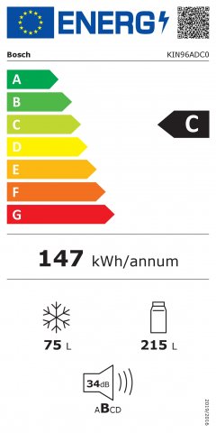 Bosch KIN96ADC0 beépíthető kombinált hűtőszekrény, 215+75 liter, C - Beépíthető hűtő, fagyasztó, borhűtő